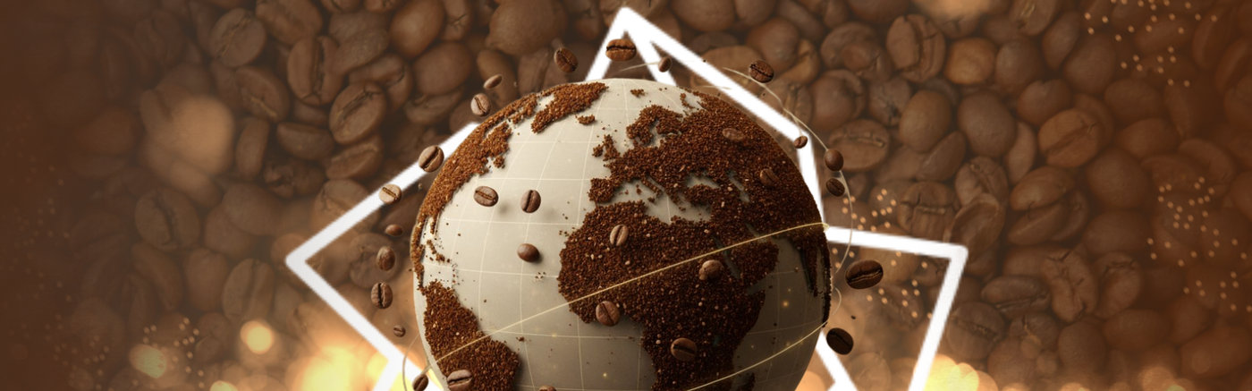 Globo terrestre coberto de grãos de café e pó, com a logo branca da Domani ao fundo, sobre um fundo de grãos de café desfocados