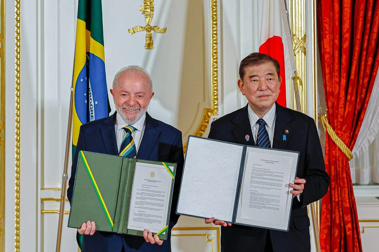 Lula e o primeiro-ministro do Japão, Shigeru Ishiba, durante anúncio de plano de ação e menção aos atos assinados
